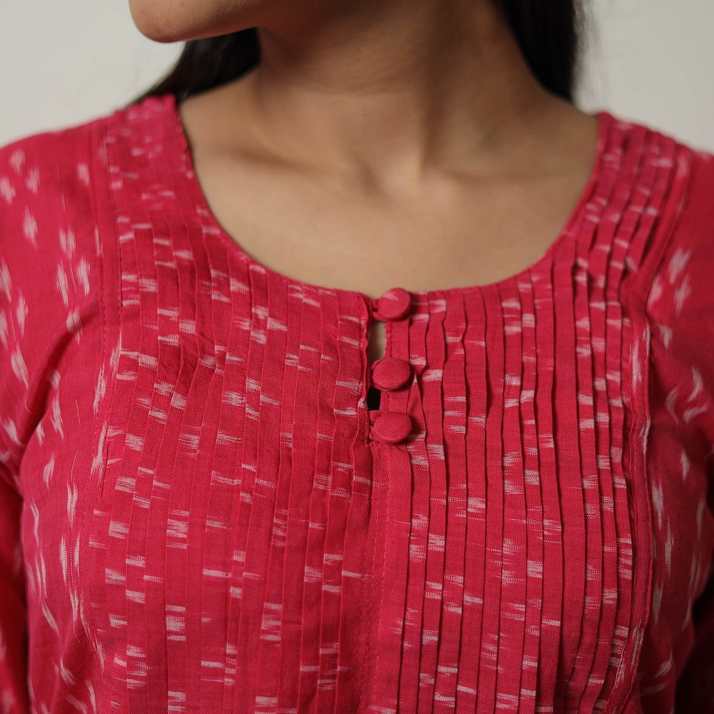 Pink - Mercerised Cotton Straight Pochampally Ikat Kurta 06