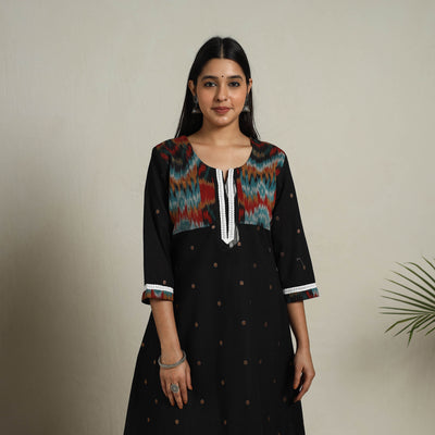 Buy Ikat Mosaic Fusion A-Line Jacquard Cotton Black Kurta