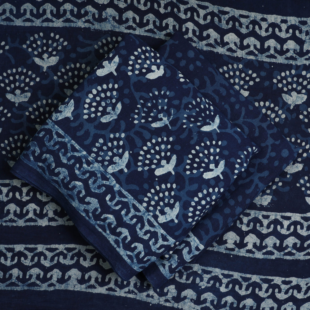 Blue - 3pc Indigo Bagru Block Print Cotton Dress Material Set 07