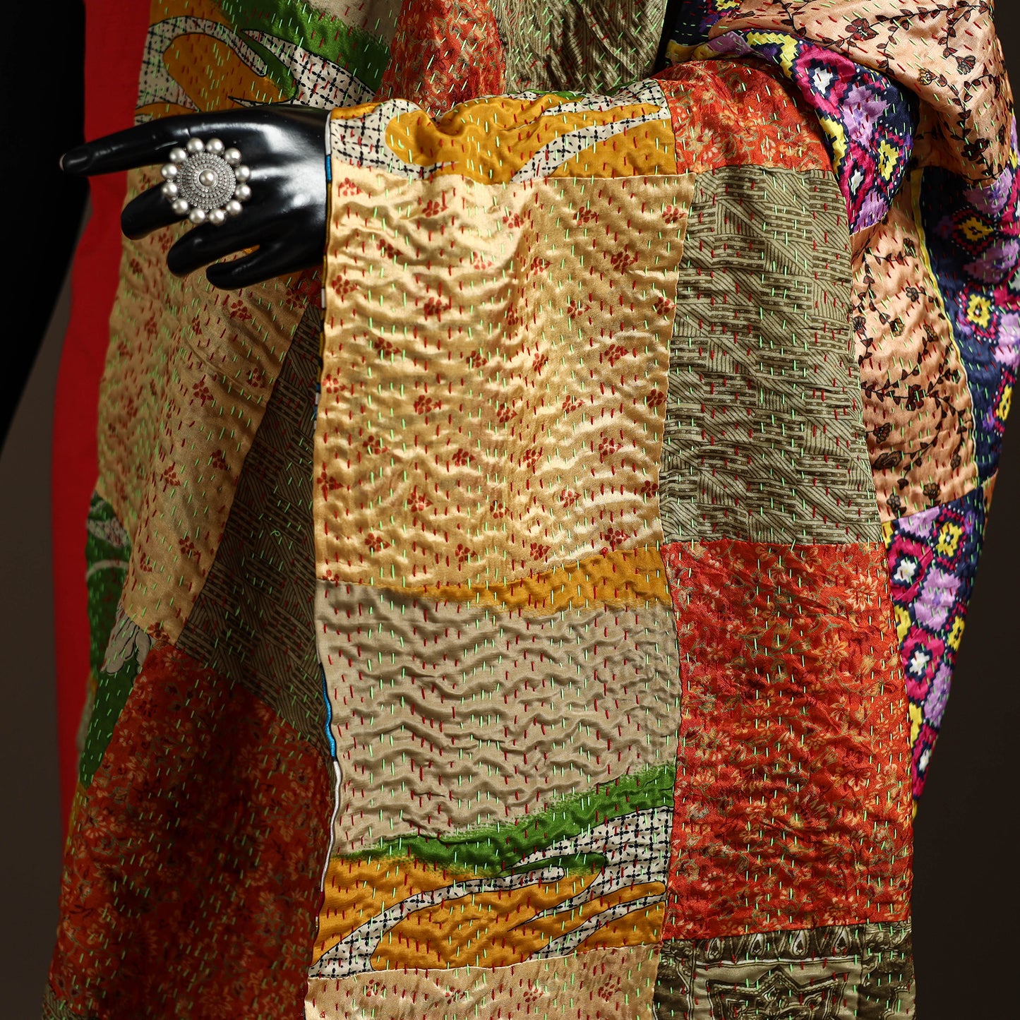 Multicolor - Bengal Hand Embroidery Patchwork Reversible Silk Kantha Dupatta 25