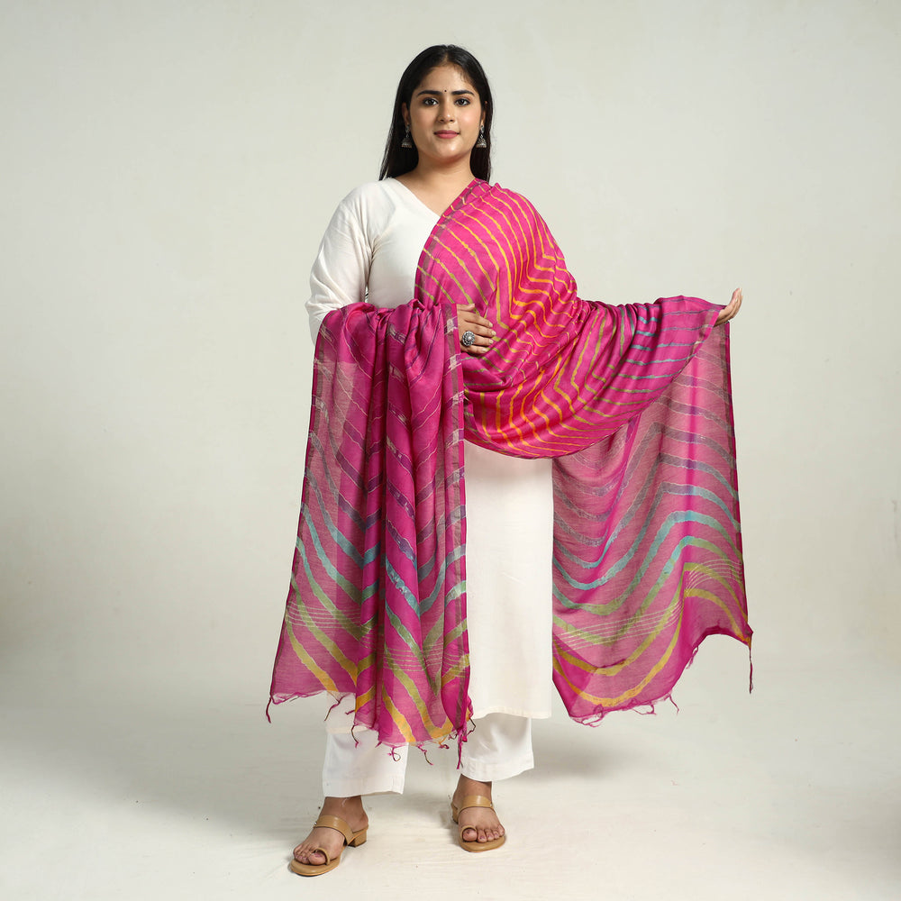 Pink - Traditional Tie & Dye Chanderi Silk Leheriya Dupatta 39