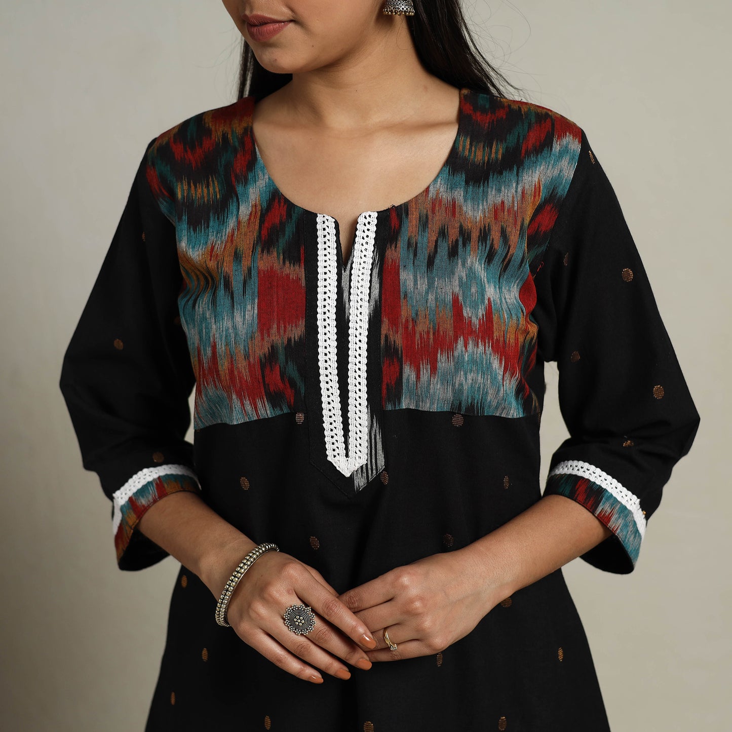 Buy Ikat Mosaic Fusion A-Line Jacquard Cotton Black Kurta