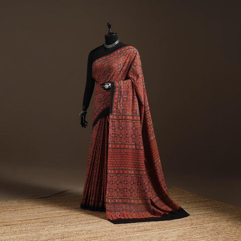 Red - Cotton Block Print Ajrakh Saree 29