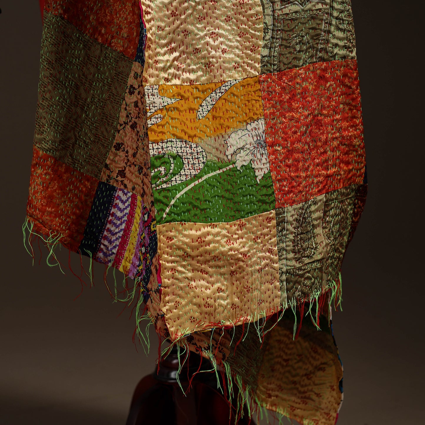 Multicolor - Bengal Hand Embroidery Patchwork Reversible Silk Kantha Dupatta 25