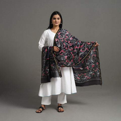 Black - Handloom Chanderi Silk Hand Batik Printed Dupatta 08