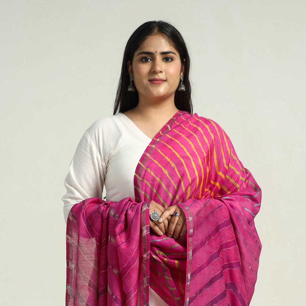 Pink - Traditional Tie & Dye Chanderi Silk Leheriya Dupatta 39