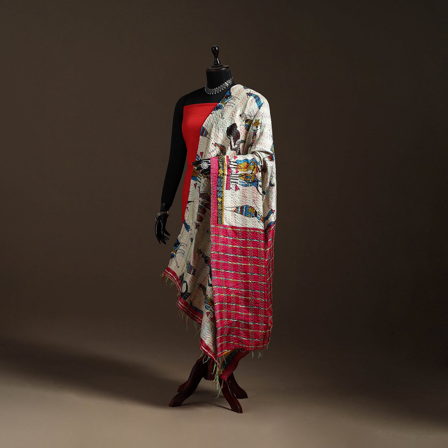 Multicolor - Bengal Hand Embroidery Patchwork Reversible Silk Kantha Dupatta 25