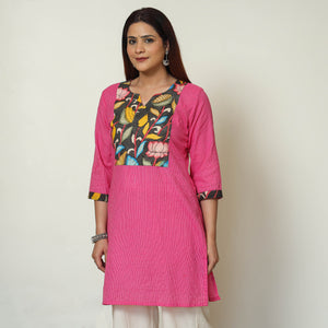 Pink - Srikalahasti Kalamkari Patchwork Running Stitch Plain Cotton Short Kurta 11
