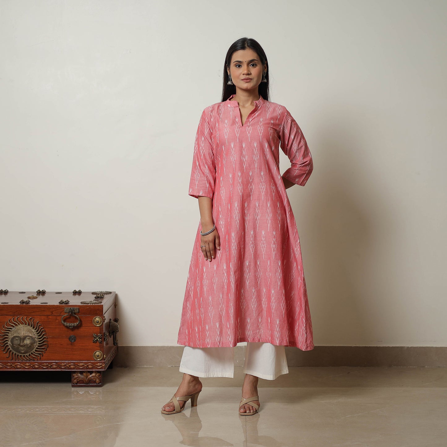 Peach - Mercerised Cotton A-Line Pochampally Ikat Kurta 05