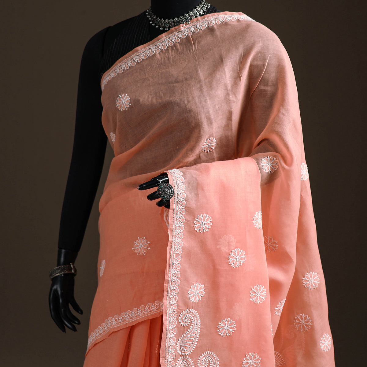 Hand Embroidered Terivoile Cotton Lucknowi Chikankari Saree 19