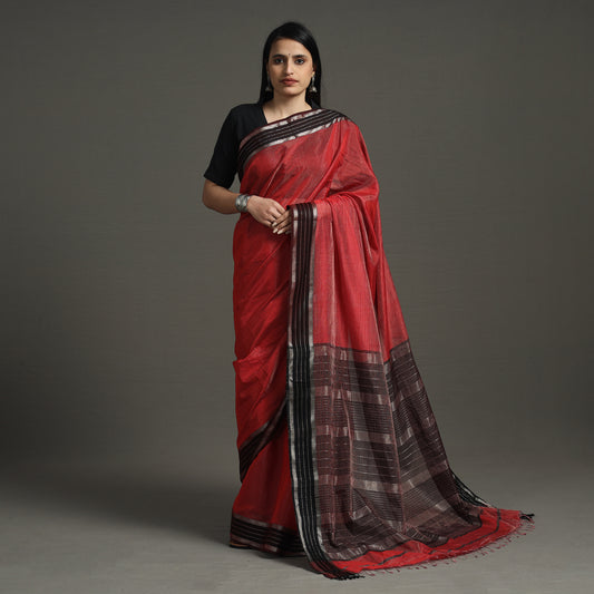 Red - Traditional Maheshwari Silk Handloom Tissue Zari Weave Saree with Thread & Zari Border