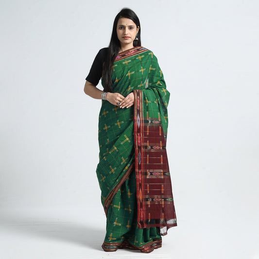 Green - Traditional Challapalli Handloom Cotton Saree with Ikat Border