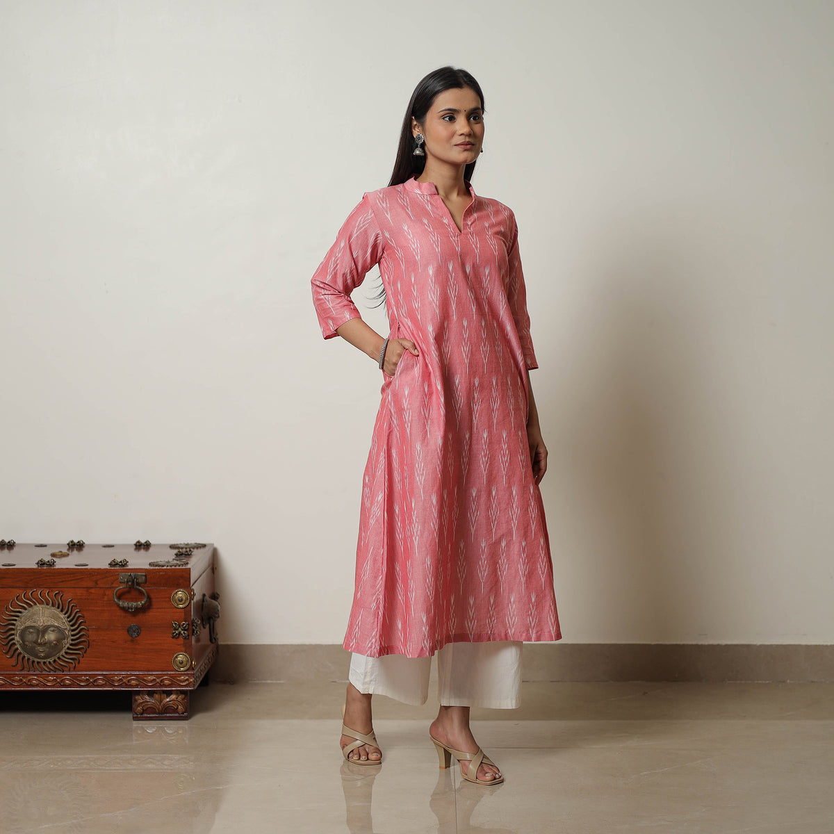 Peach - Mercerised Cotton A-Line Pochampally Ikat Kurta 05