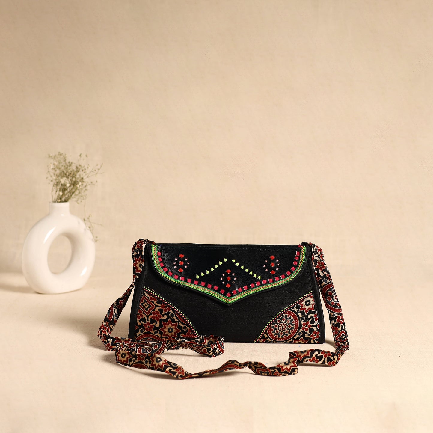 Traditional Kutch Patchwork Silk Leather Flap Sling Bag 34