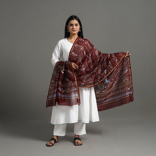 Maroon - Handloom Chanderi Silk Hand Batik Printed Dupatta 07