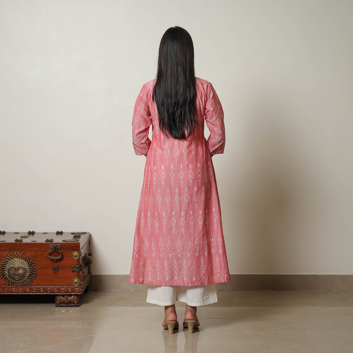 Peach - Mercerised Cotton A-Line Pochampally Ikat Kurta 05