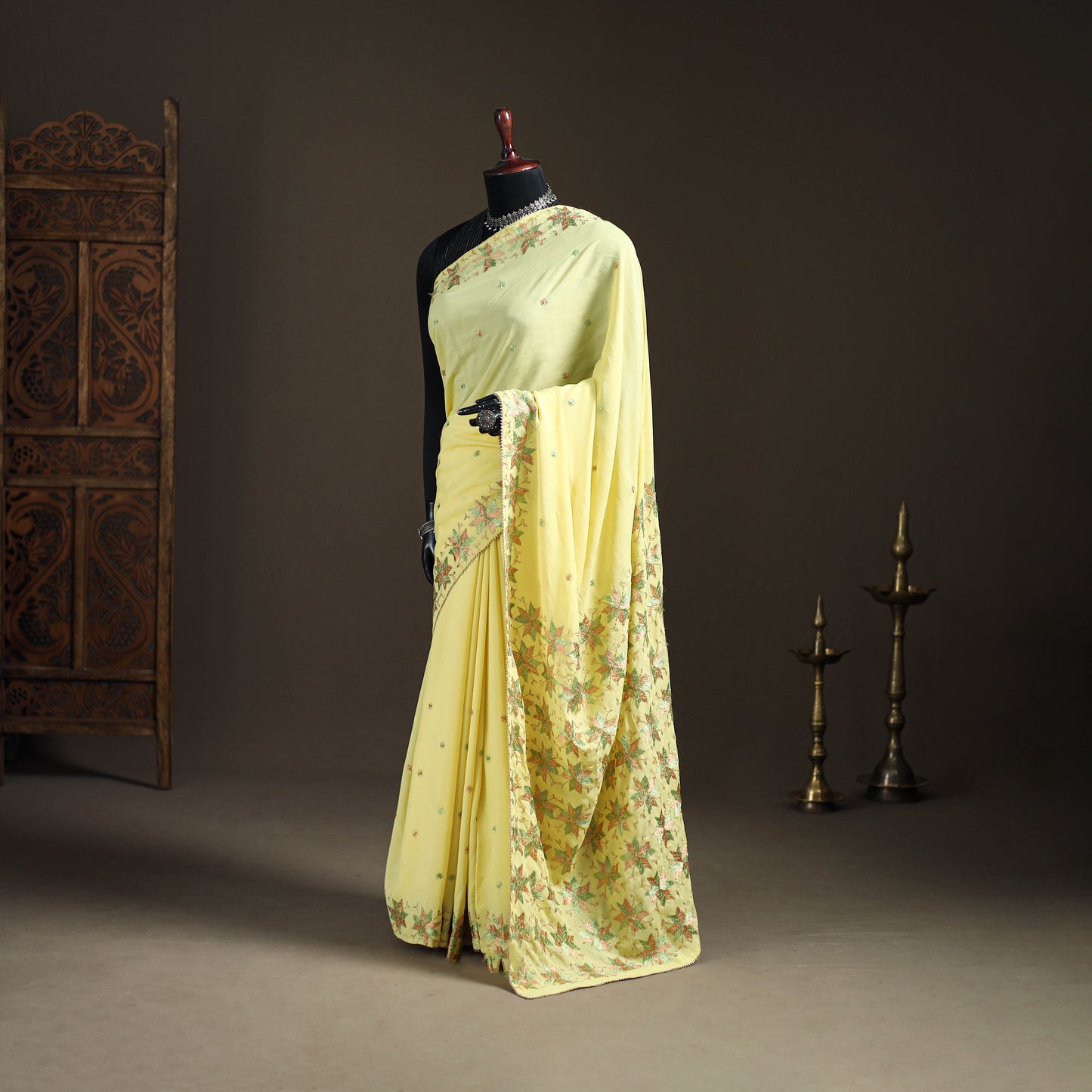 Chinon Silk Hand Embroidery Phulkari Saree 17