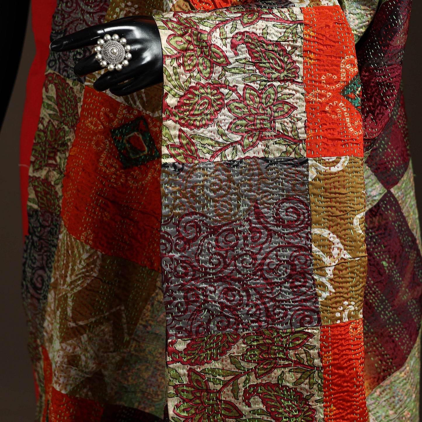 Multicolor - Bengal Hand Embroidery Patchwork Reversible Silk Kantha Dupatta 26