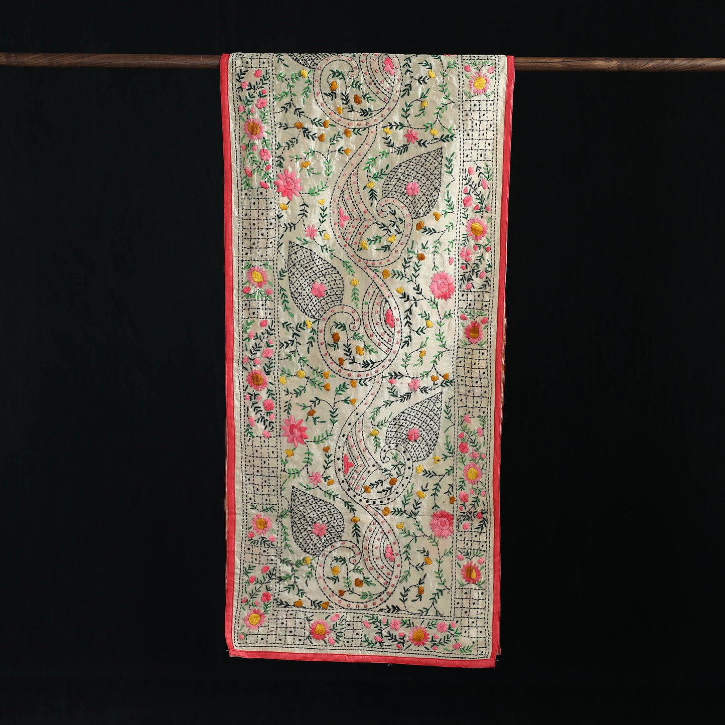 Beige - Ranihati Chanderi Silk Hand Embroidered Stole 59