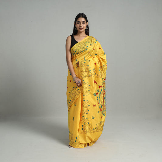 Yellow - Handcrafted Bengal Nakshi Kantha Work Silk Saree 01