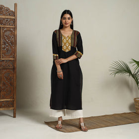 Block Print Mosaic Fusion Straight Plain Cotton Black Kurta