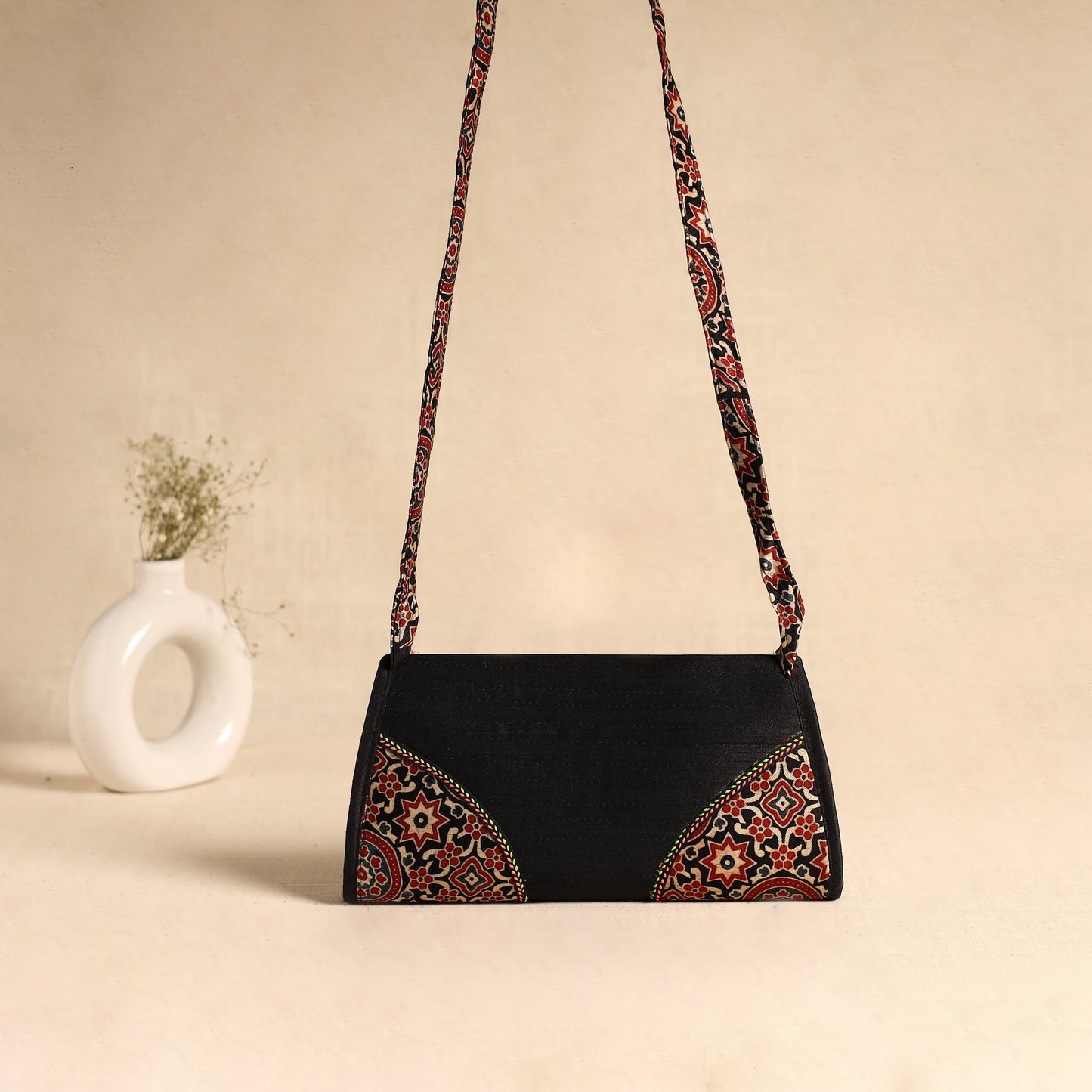 Traditional Kutch Patchwork Silk Leather Flap Sling Bag 34