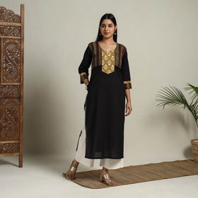 Block Print Mosaic Fusion Straight Plain Cotton Black Kurta