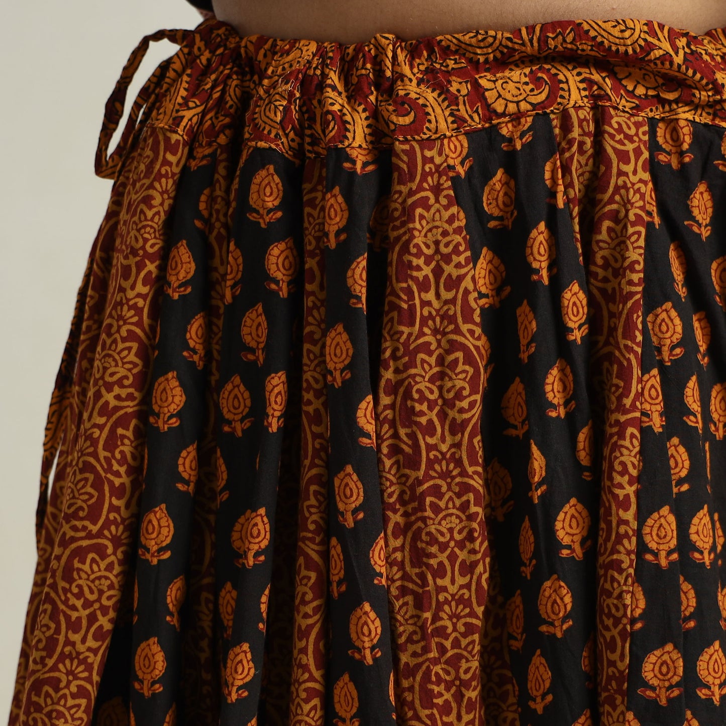 Brown - Bagh Block Printed Patchwork Cotton Long Skirt