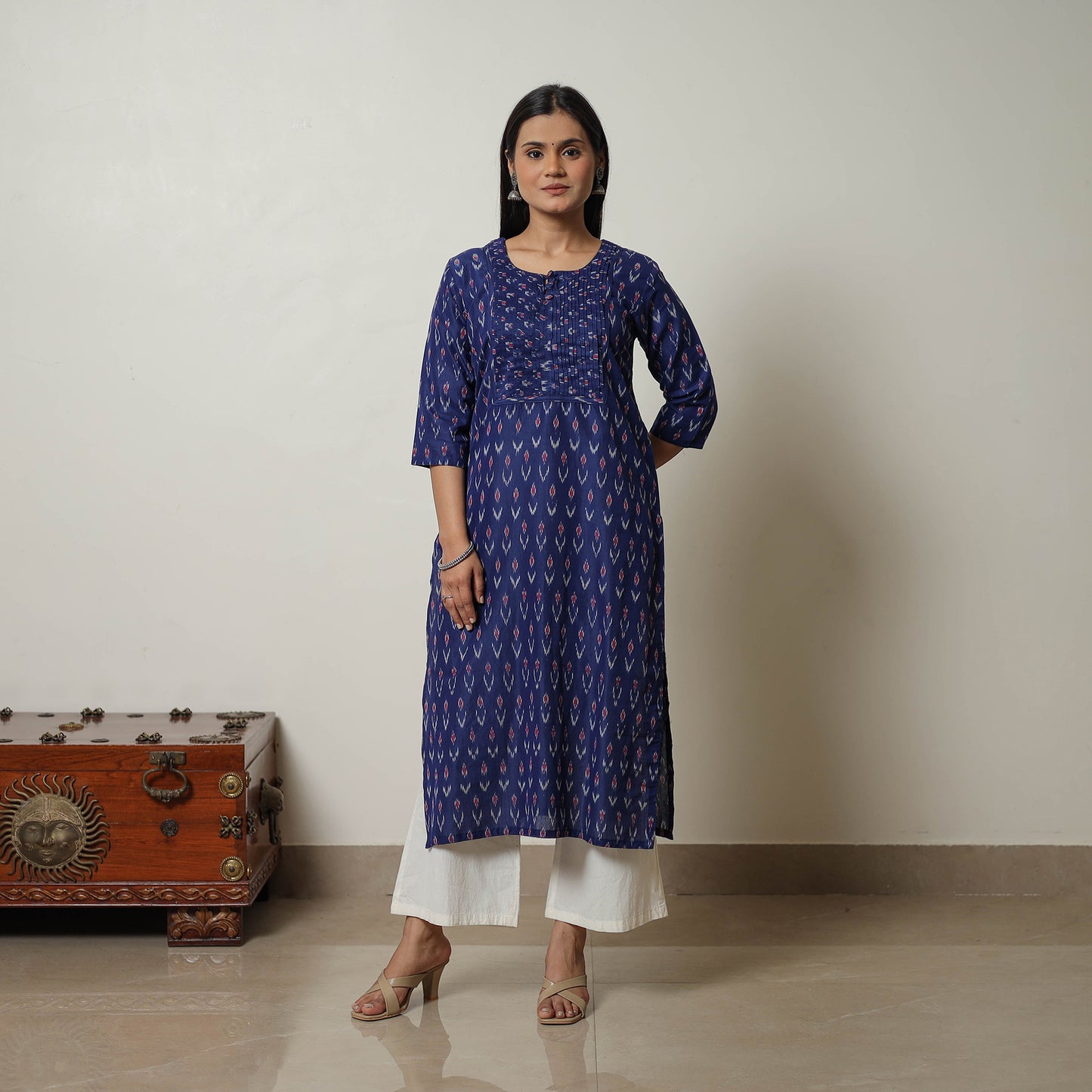 Buy Blue Mercerised Cotton Straight Pochampally Ikat Kurta