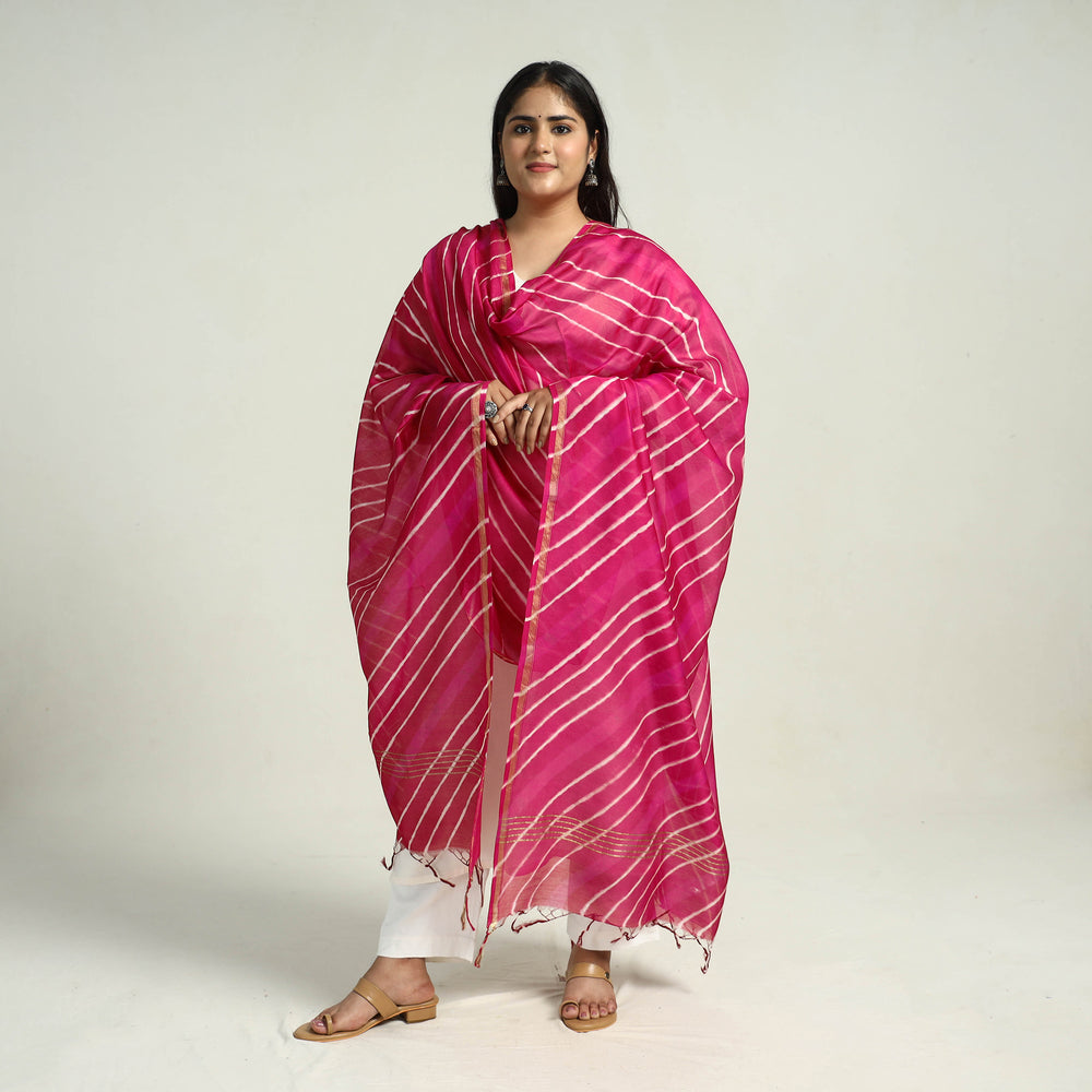 Pink - Traditional Tie & Dye Chanderi Silk Leheriya Dupatta 42