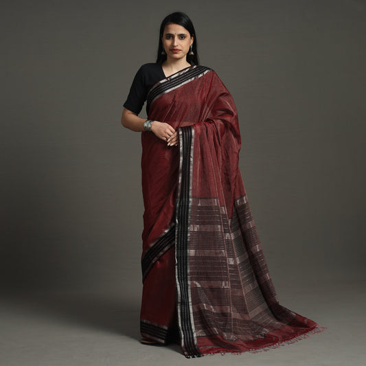 Maroon - Traditional Maheshwari Silk Handloom Tissue Zari Weave Saree with Thread & Zari Border