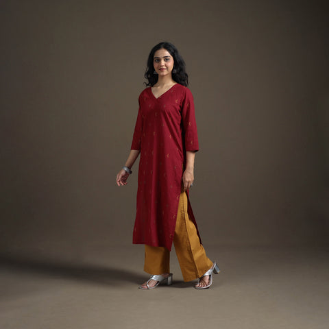 Maroon - Jacquard Cotton Straight Long Kurta for Women 05