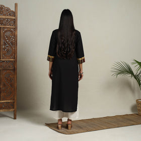 Block Print Mosaic Fusion Straight Plain Cotton Black Kurta