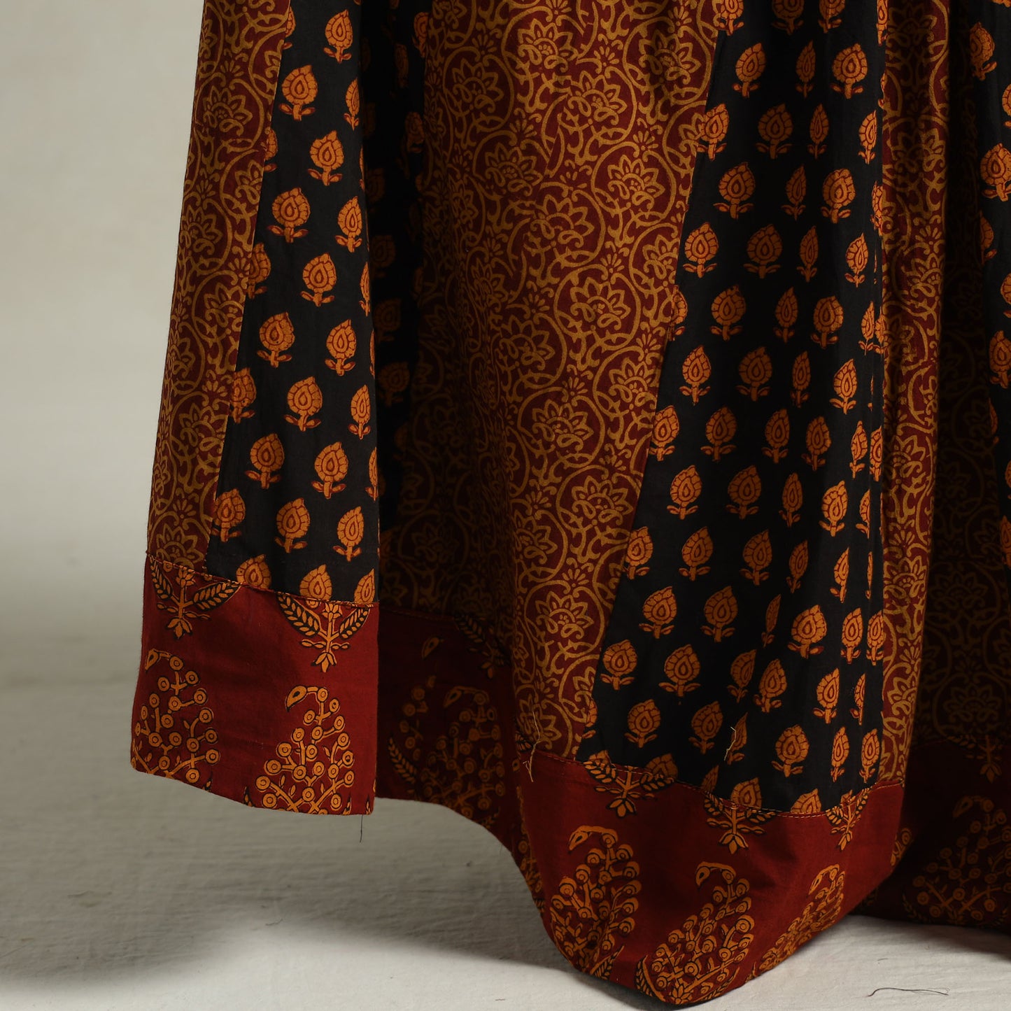 Brown - Bagh Block Printed Patchwork Cotton Long Skirt