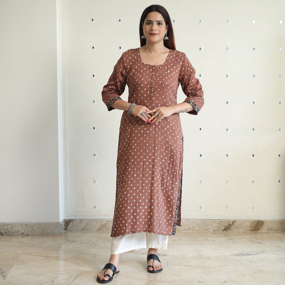 Brown - Bandhani Tie-dye Cotton Long Straight Kurta