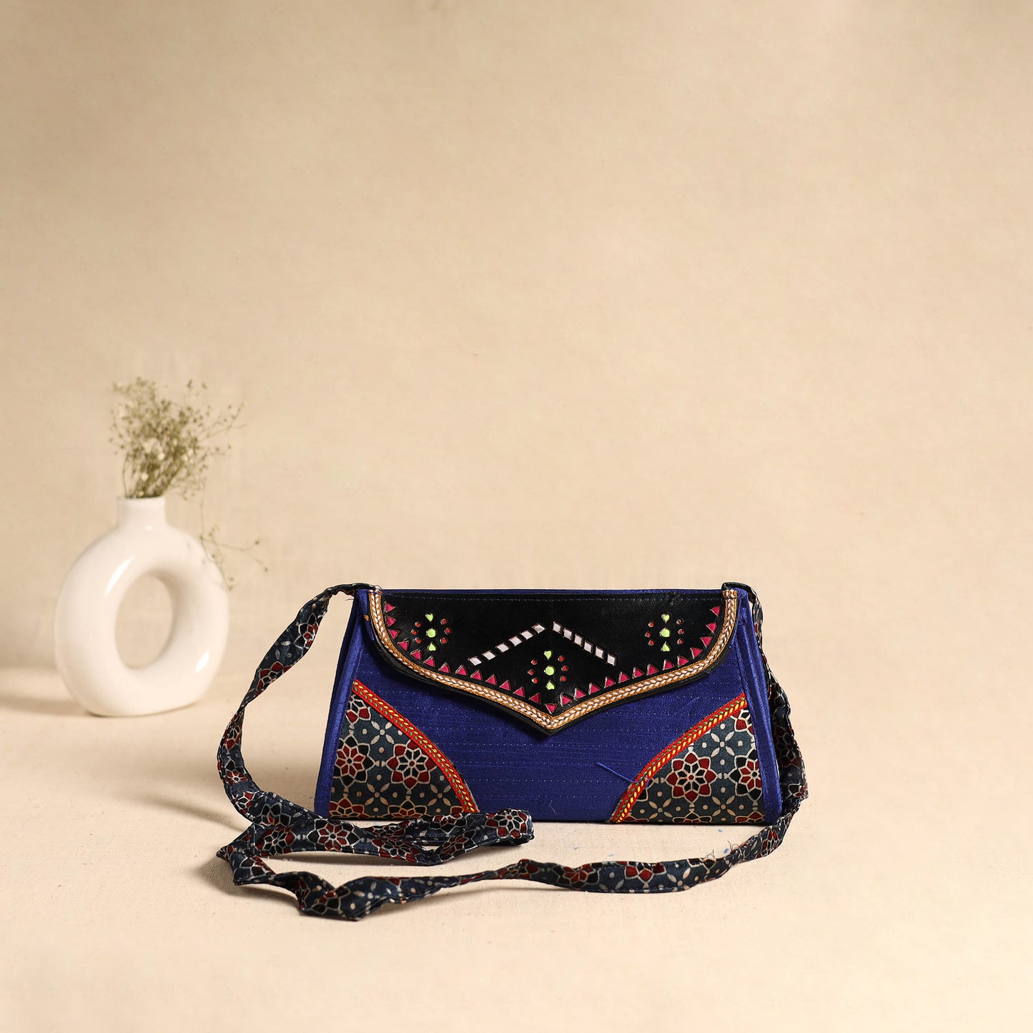 Traditional Kutch Patchwork Silk Leather Flap Sling Bag 35