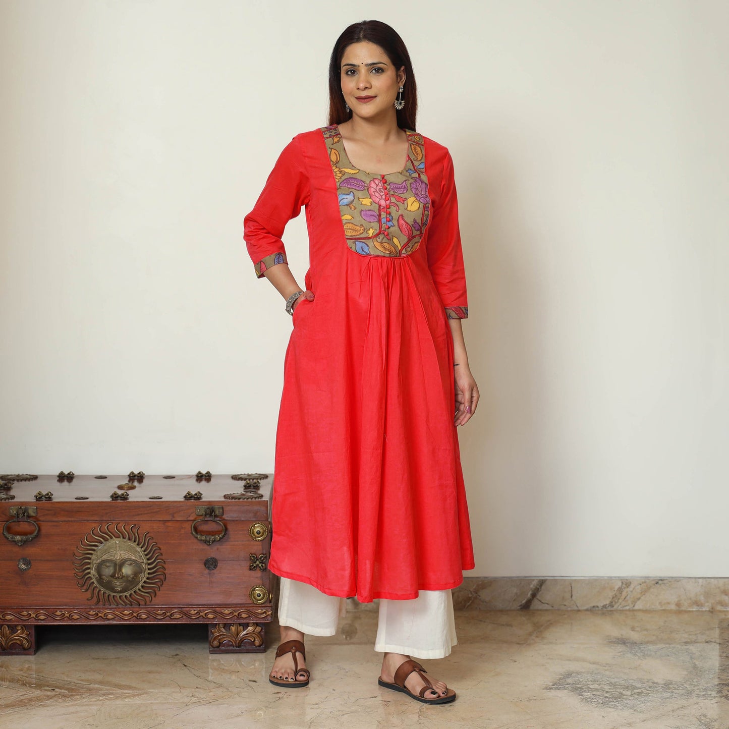 Pink - Srikalahasti Kalamkari Patchwork Plain Cotton A-Line Kurta 15