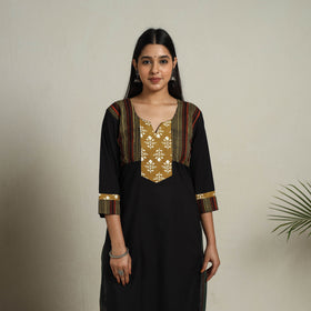 Block Print Mosaic Fusion Straight Plain Cotton Black Kurta