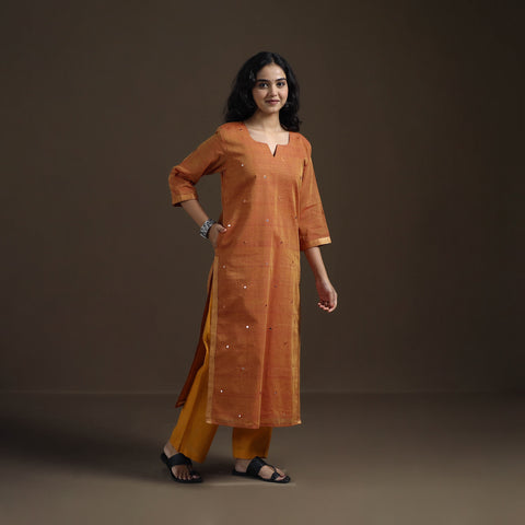 Yellow - Mangalagiri Pure Handwoven Cotton Mirror Work Straight Kurta for women 19