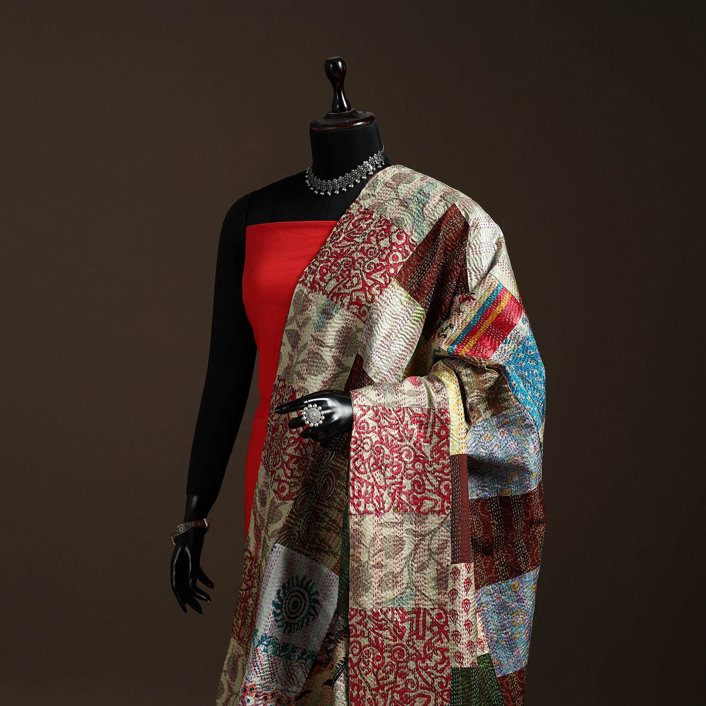 Bengal Hand Embroidery Patchwork Reversible Silk Kantha Dupatta 27