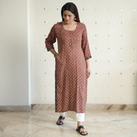 Brown - Bandhani Tie-dye Cotton Long Straight Kurta