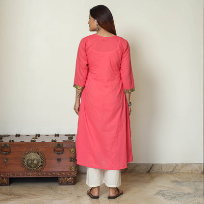 Pink - Srikalahasti Kalamkari Patchwork Plain Cotton A-Line Kurta 15