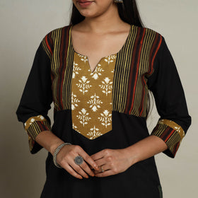 Block Print Mosaic Fusion Straight Plain Cotton Black Kurta