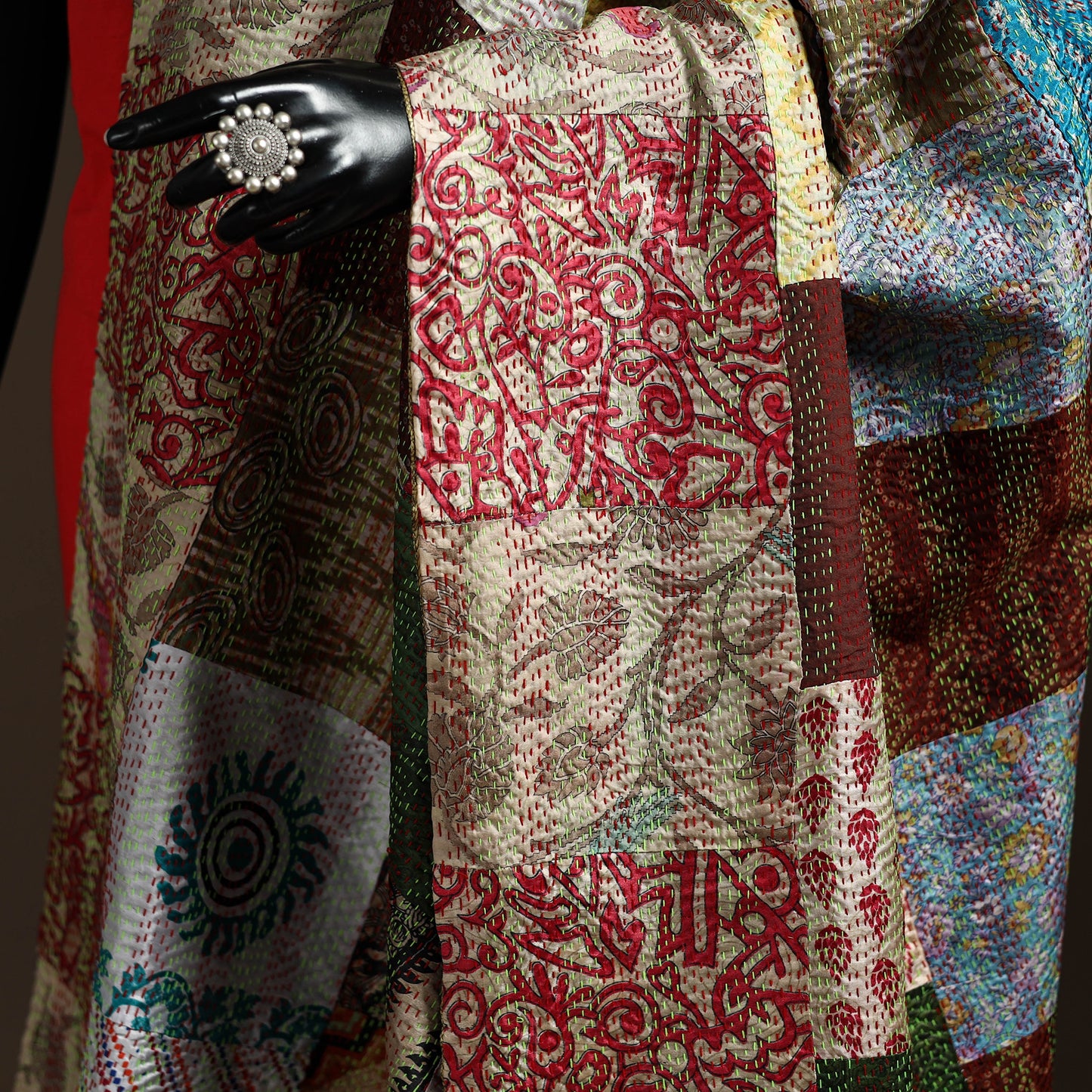 Bengal Hand Embroidery Patchwork Reversible Silk Kantha Dupatta 27