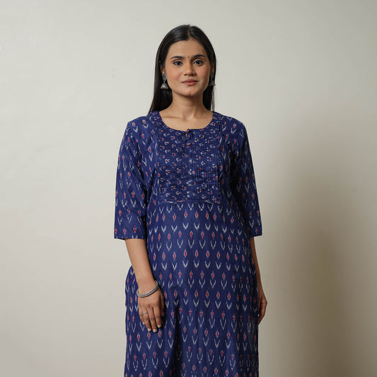 Blue - Mercerised Cotton Straight Pochampally Ikat Kurta 07