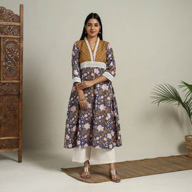 Block Print Mosaic Fusion A-Line Blue Sanganeri Cotton Kurta