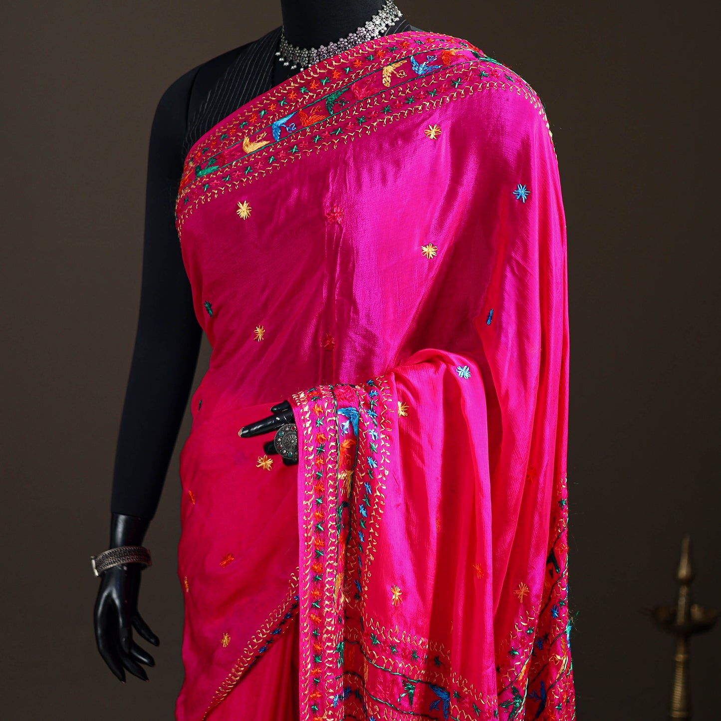 Chinon Silk Hand Embroidery Phulkari Saree 22