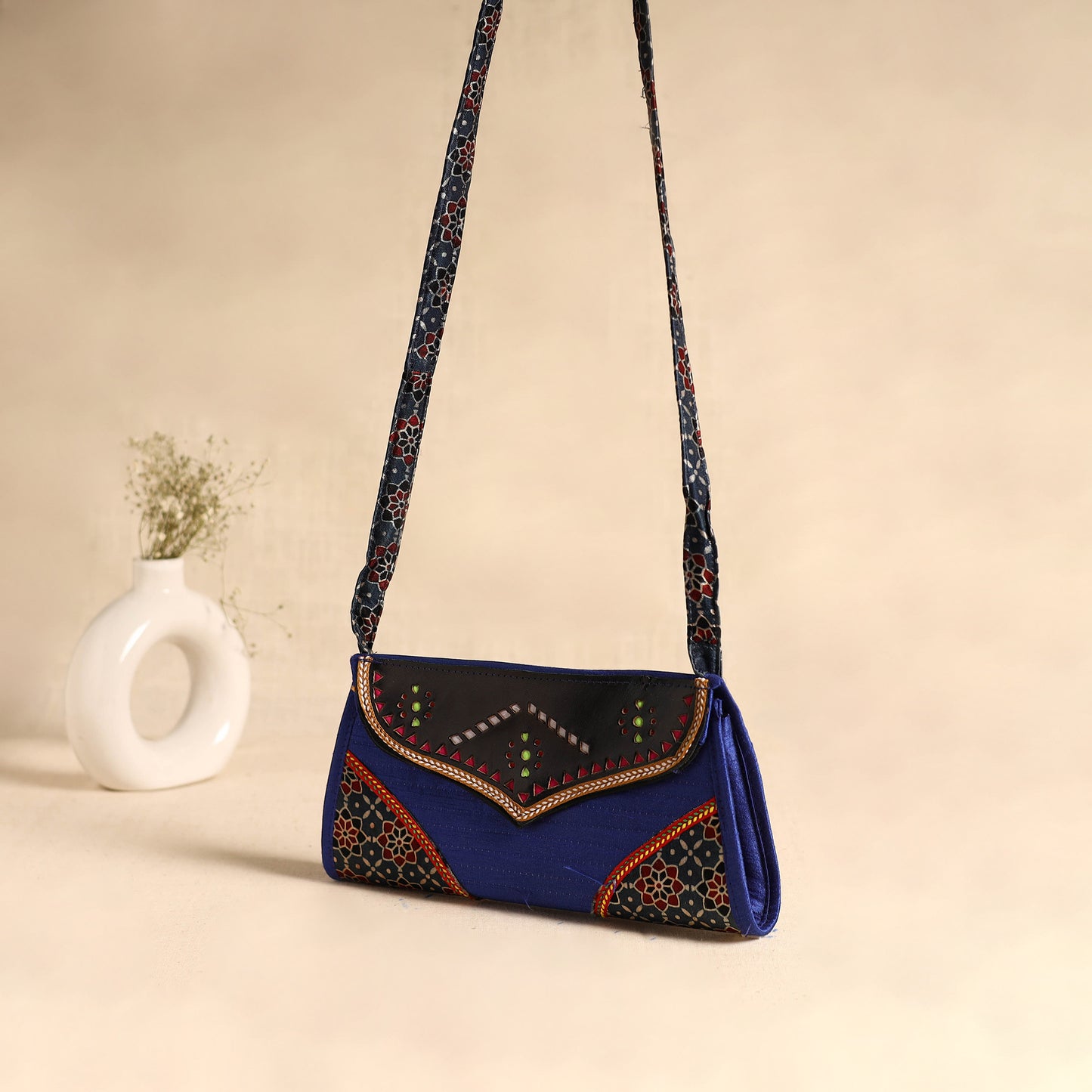 Traditional Kutch Patchwork Silk Leather Flap Sling Bag 35
