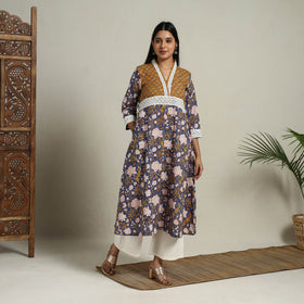 Block Print Mosaic Fusion A-Line Blue Sanganeri Cotton Kurta