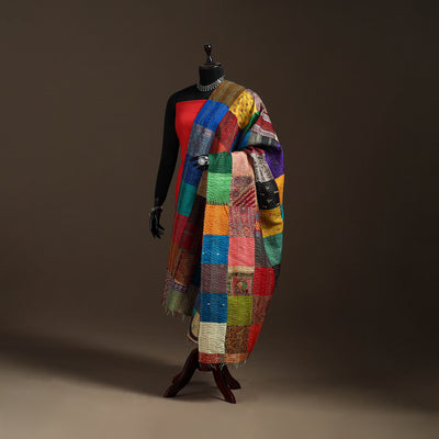 Bengal Hand Embroidery Patchwork Reversible Silk Kantha Dupatta 28